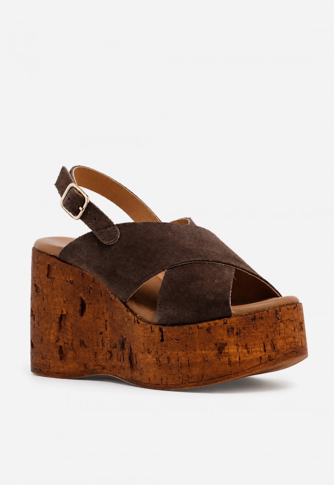 Sandalia mujer piel moka GLO 170338 – plataforma efecto corcho y tiras cruzadas