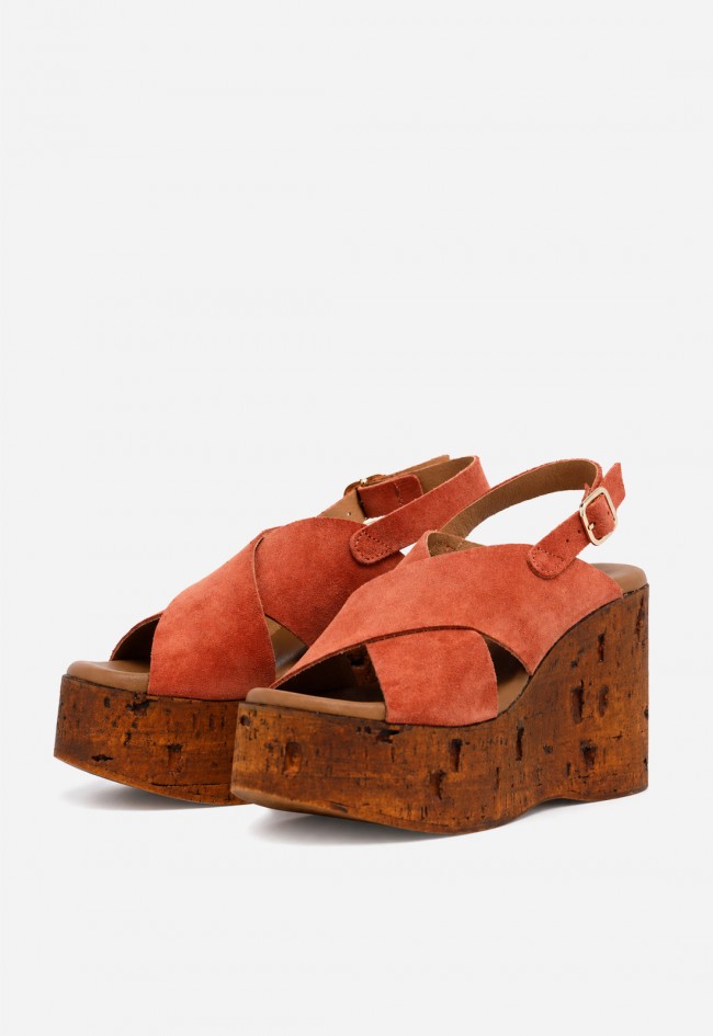 Sandalia mujer piel teja GLO 170338 – plataforma efecto corcho y estilo boho chic