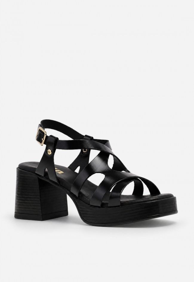 Sandalia mujer piel negra GLO 145525 – tacón ancho y diseño de tiras entrelazadas