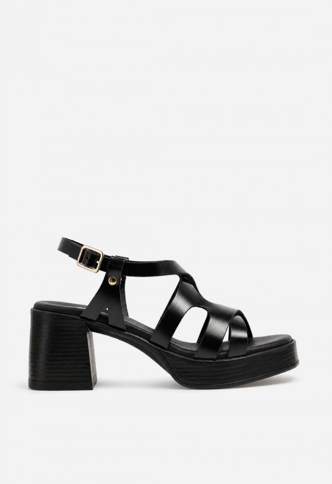Sandalia mujer piel negra GLO 145525 – tacón ancho y diseño de tiras entrelazadas