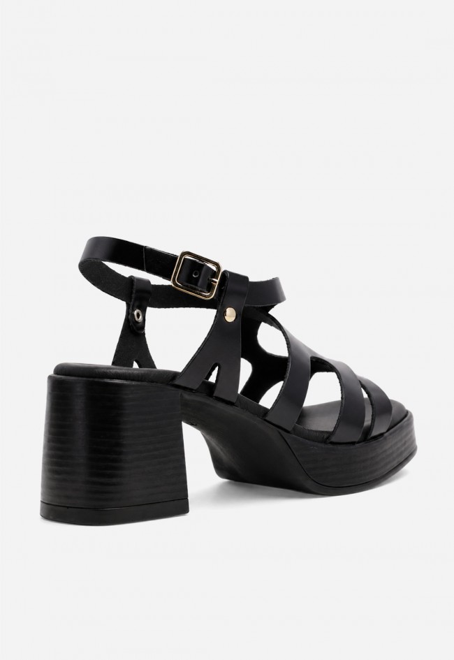 Sandalia mujer piel negra GLO 145525 – tacón ancho y diseño de tiras entrelazadas