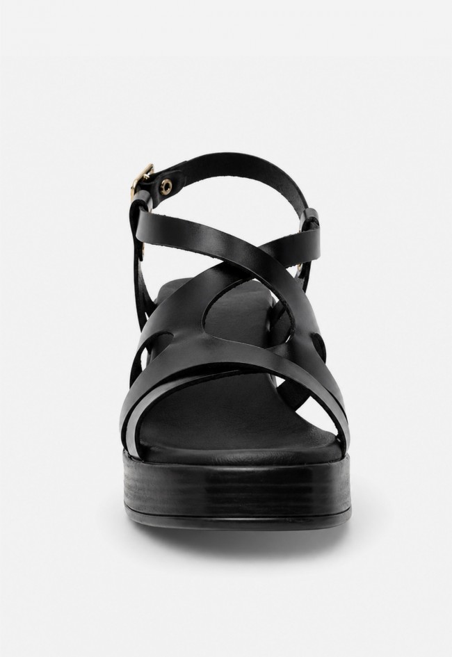 Sandalia mujer piel negra GLO 145525 – tacón ancho y diseño de tiras entrelazadas