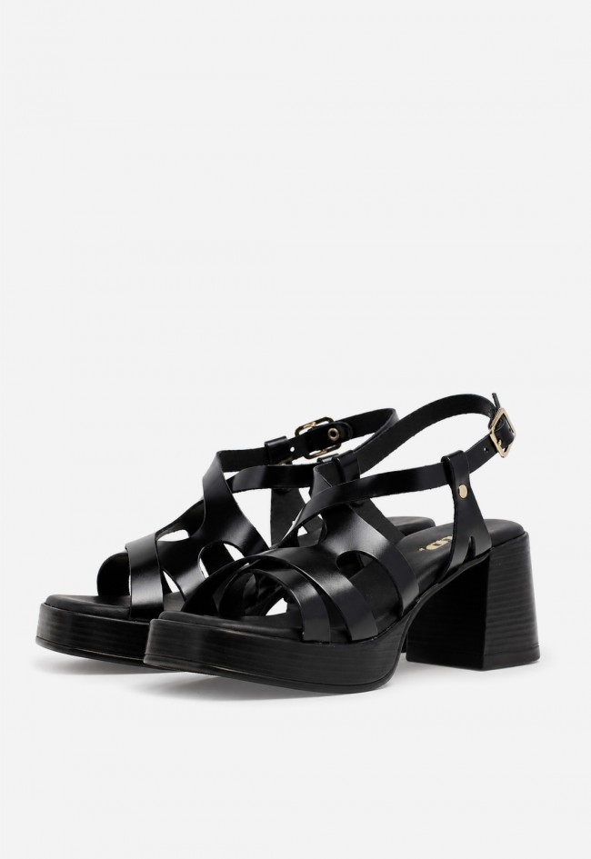 Sandalia mujer piel negra GLO 145525 – tacón ancho y diseño de tiras entrelazadas