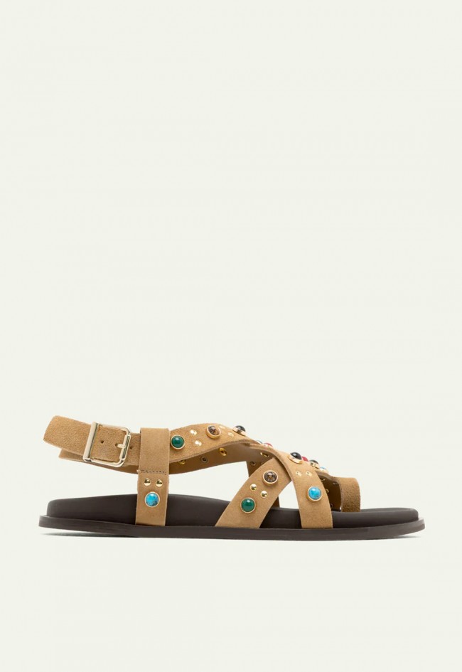 andalia plana de piel camel Porronet Hazel con pedrería multicolor