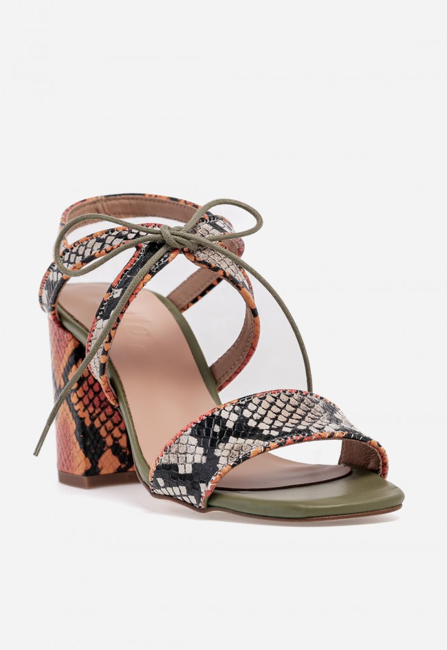 Sandalia GLO Mariposa de piel con estampado serpiente y tacón ancho