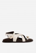 Sandalia plana de mujer GLO ZI-904 en piel blanca con tiras cruzadas y detalle joya