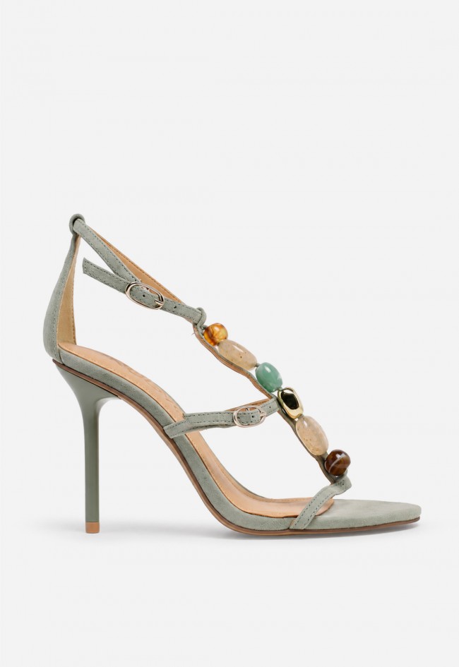 Sandalia de tacón mujer Inuovo JM1173 en piel color agua con abalorios joya para invitadas con estilo