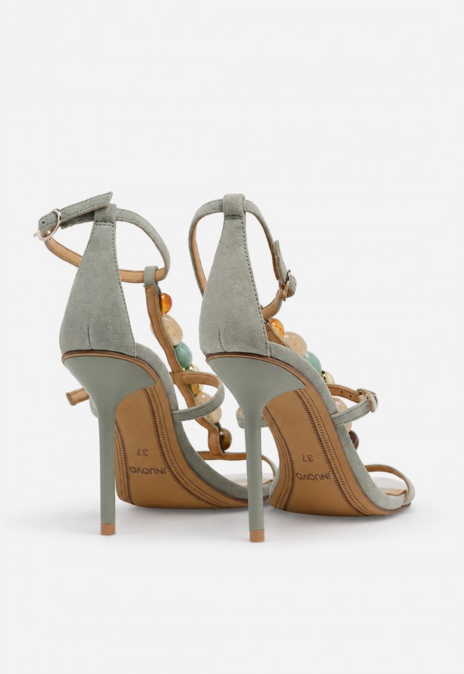 Sandalia de tacón mujer Inuovo JM1173 en piel color agua con abalorios joya para invitadas con estilo