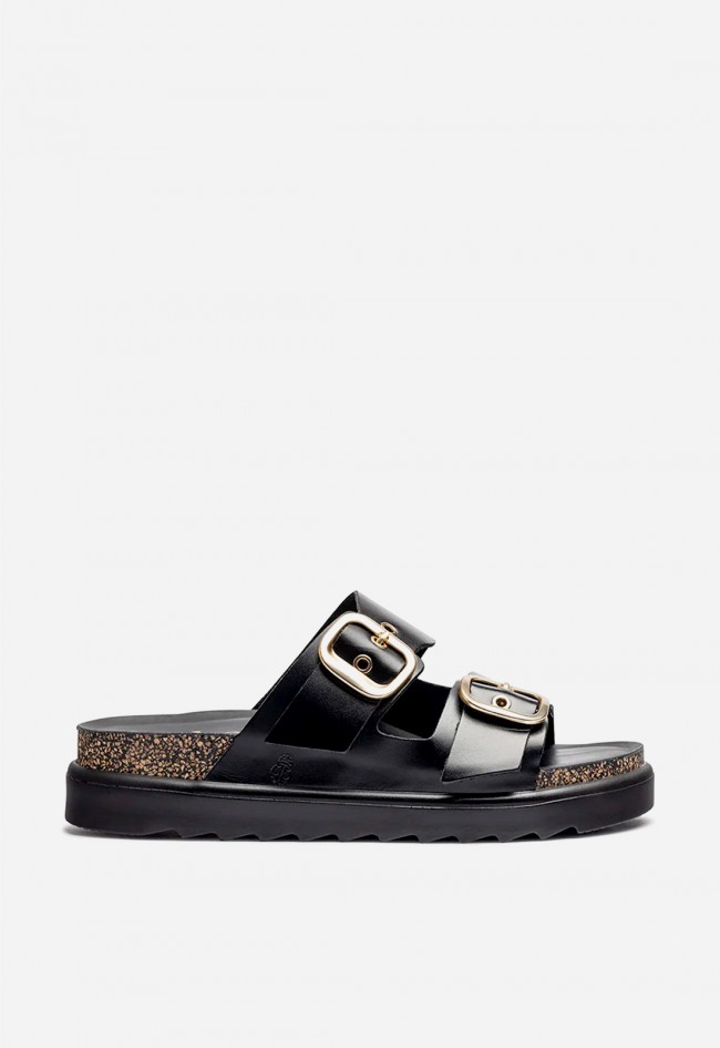 Sandalia de plataforma mujer Yokono TUNEZ-130 en piel negra con hebillas doradas para un look urbano chic