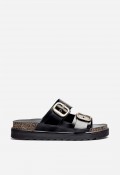 Sandalia de plataforma mujer Yokono TUNEZ-130 en piel negra con hebillas doradas para un look urbano chic