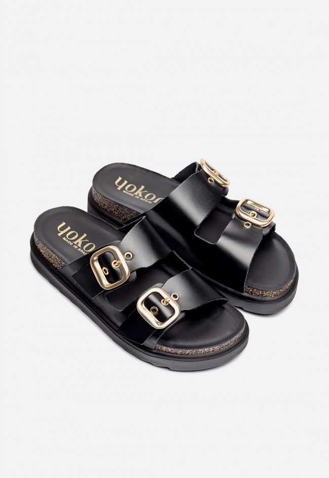 Sandalia de plataforma mujer Yokono TUNEZ-130 en piel negra con hebillas doradas para un look urbano chic