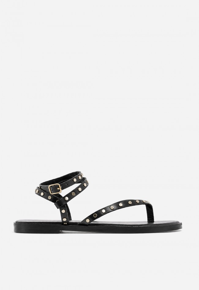 Sandalia plana VAS de piel negra con tachuelas para un estilo boho sofisticado
