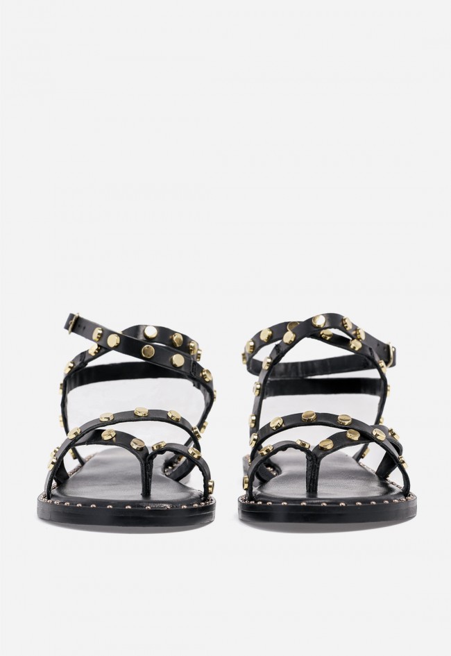Sandalia plana de mujer VAS en piel negra con tachuelas, actitud chic para el verano