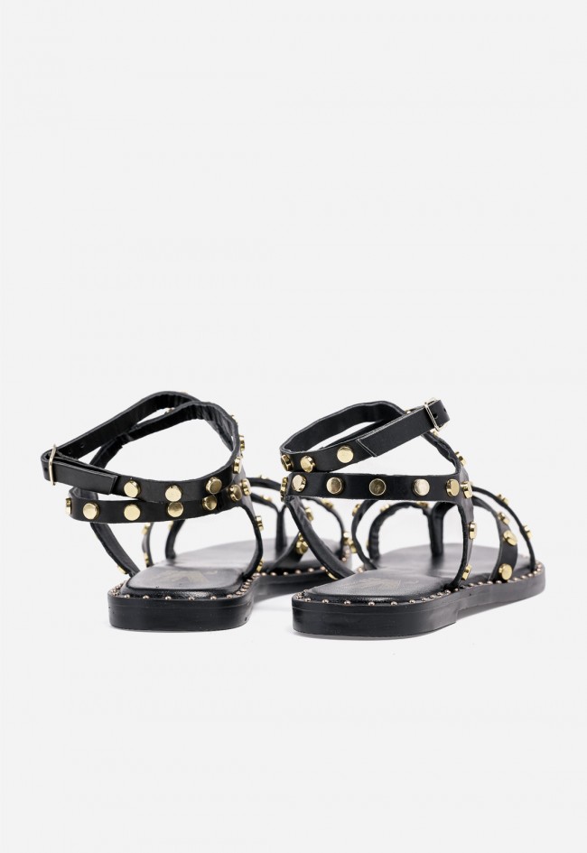 Sandalia plana de mujer VAS en piel negra con tachuelas, actitud chic para el verano