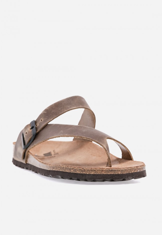 Sandalia bio de hombre en piel kaki con tiras cruzadas, comodidad natural para pisar con estilo