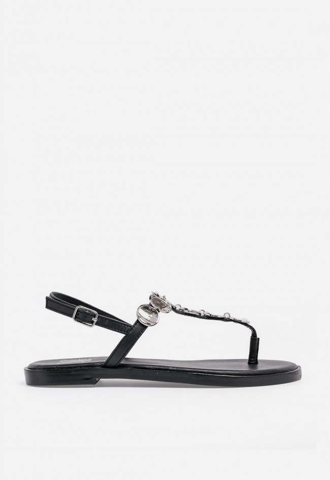 Sandalia plana de mujer VAS en piel negra con detalle joya, elegancia effortless para brillar cada día