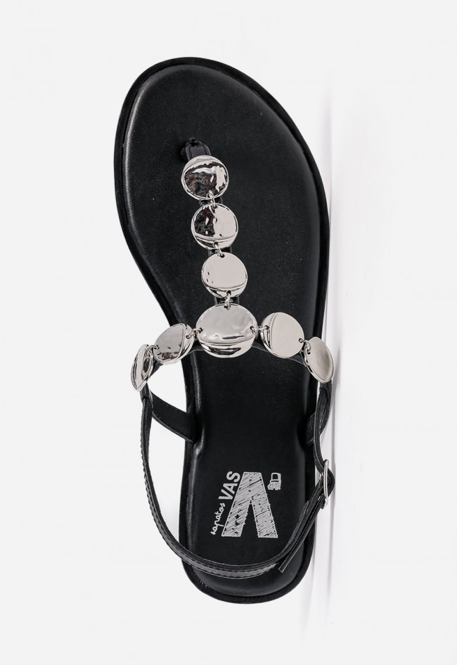 Sandalia plana de mujer VAS en piel negra con detalle joya, elegancia effortless para brillar cada día