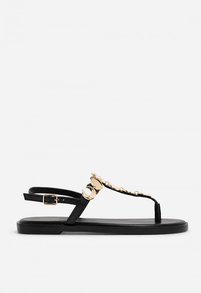 Sandalia plana de piel VAS RSP-10733 negra con adorno dorado, elegancia que ilumina tus pasos