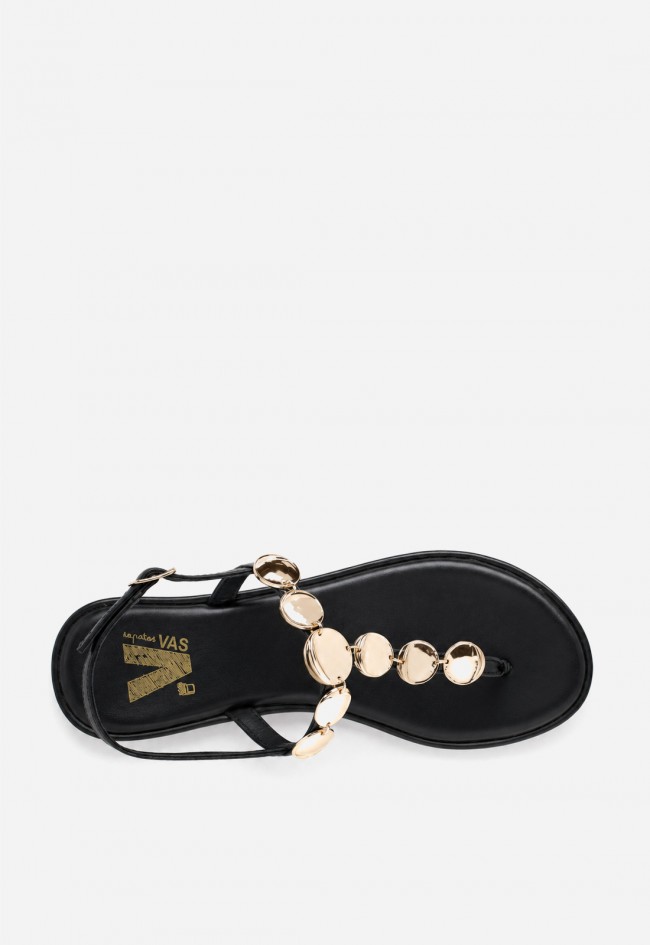 Sandalia plana de piel VAS RSP-10733 negra con adorno dorado, elegancia que ilumina tus pasos