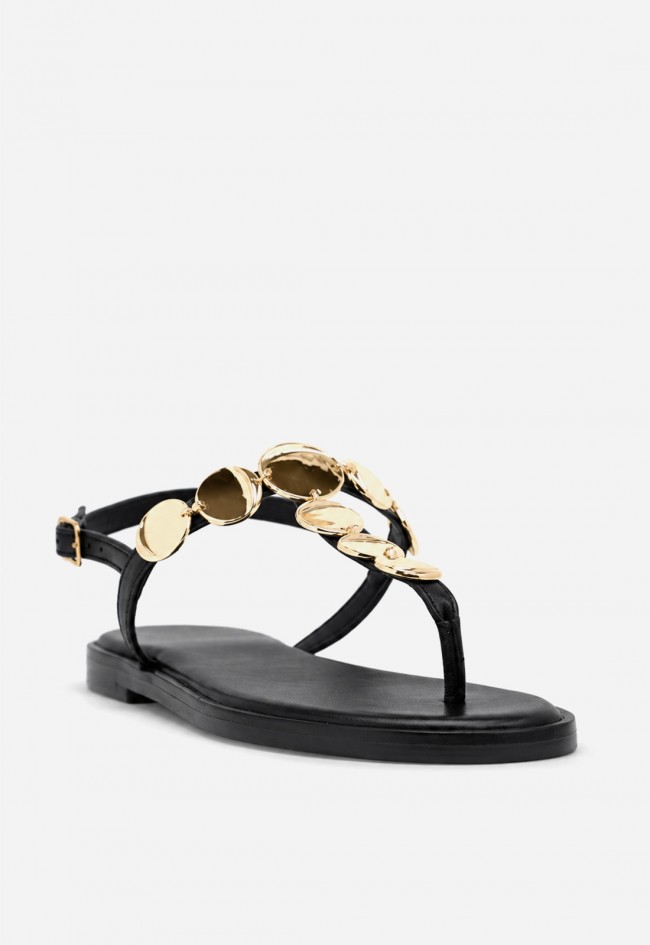 Sandalia plana de piel VAS RSP-10733 negra con adorno dorado, elegancia que ilumina tus pasos