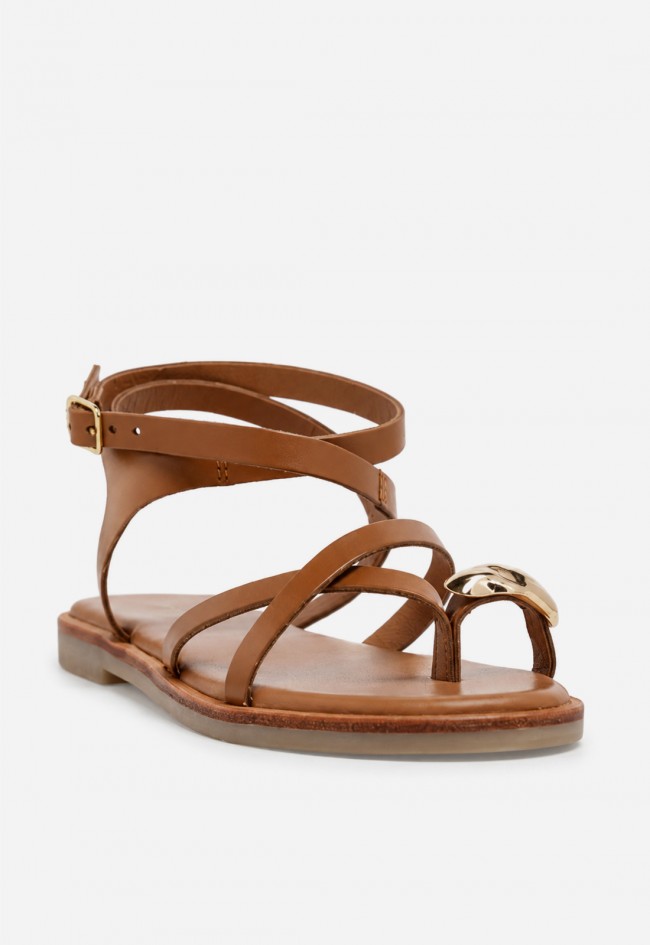 Sandalia plana de piel mujer VAS RSP-11952 color cuero con adorno dorado, elegancia effortless