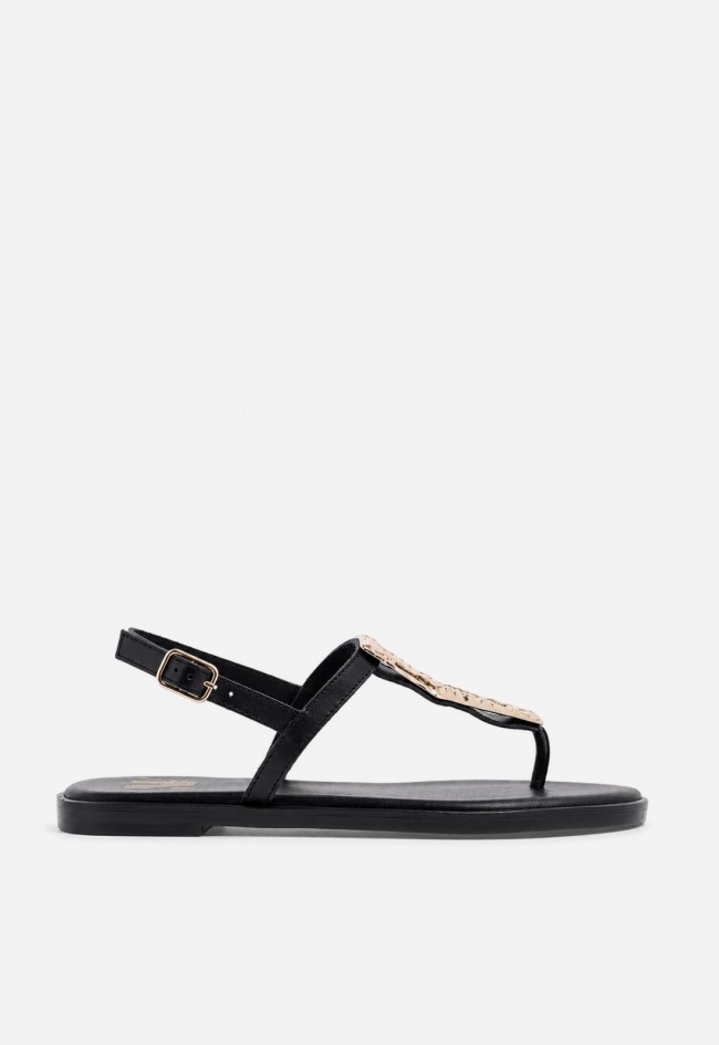 Sandalia plana de piel mujer VAS RSP-11282 negra con detalle dorado, elegancia que ilumina tus looks
