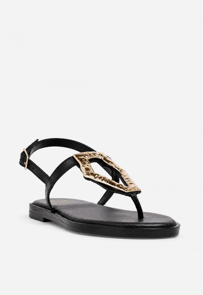 Sandalia plana de piel mujer VAS RSP-11282 negra con detalle dorado, elegancia que ilumina tus looks