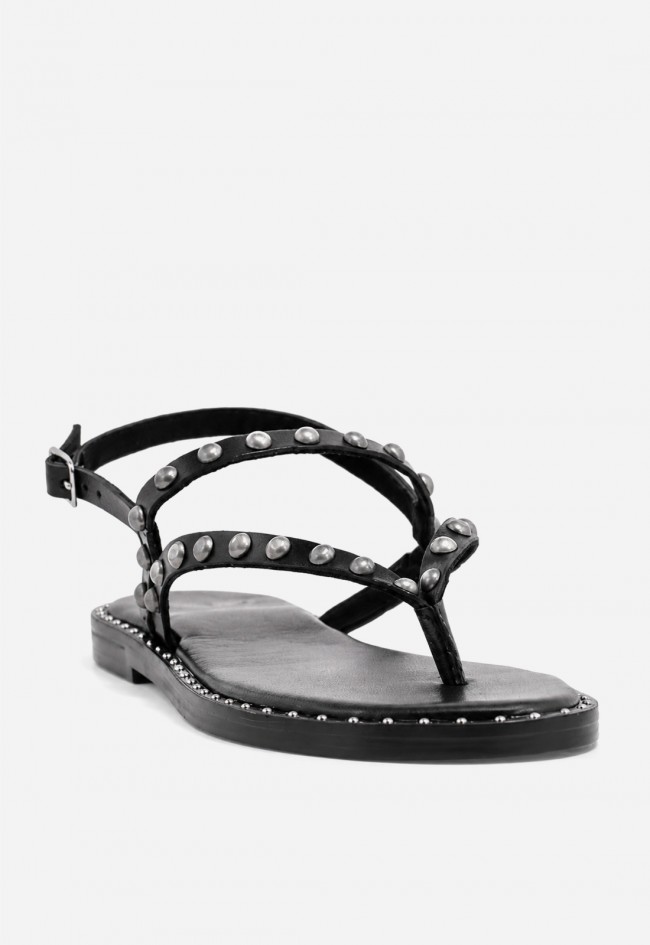 Sandalia plana de piel mujer VAS RSP-7978 negra con tachuelas, actitud effortless para brillar