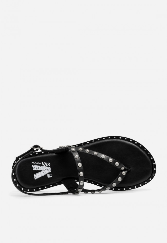 Sandalia plana de piel mujer VAS RSP-7978 negra con tachuelas, actitud effortless para brillar