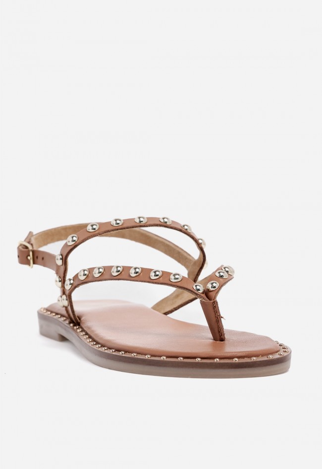 Sandalia plana de piel mujer VAS RSP-7978 cuero con tachuelas, brillo natural para el verano