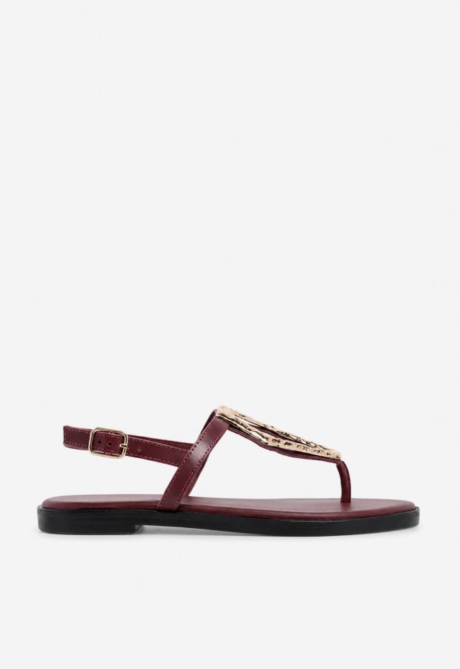 Sandalia plana VAS RSP-11282 burdeos en piel con maxi adorno dorado
