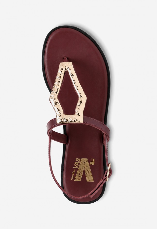 Sandalia plana VAS RSP-11282 burdeos en piel con maxi adorno dorado