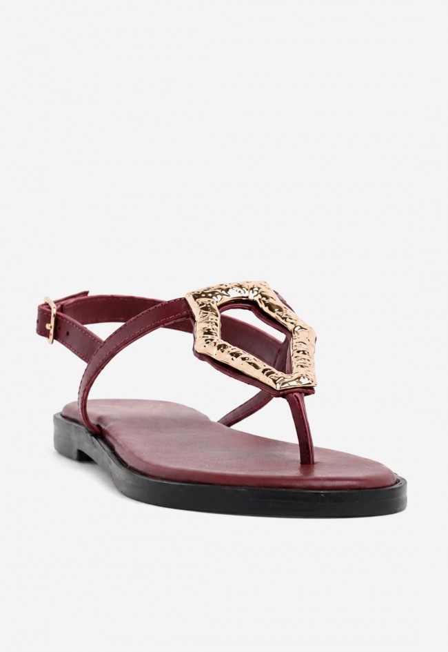 Sandalia plana VAS RSP-11282 burdeos en piel con maxi adorno dorado