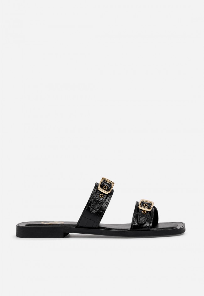 Sandalias Claudia Casandra de mujer en piel negra con doble hebilla dorada