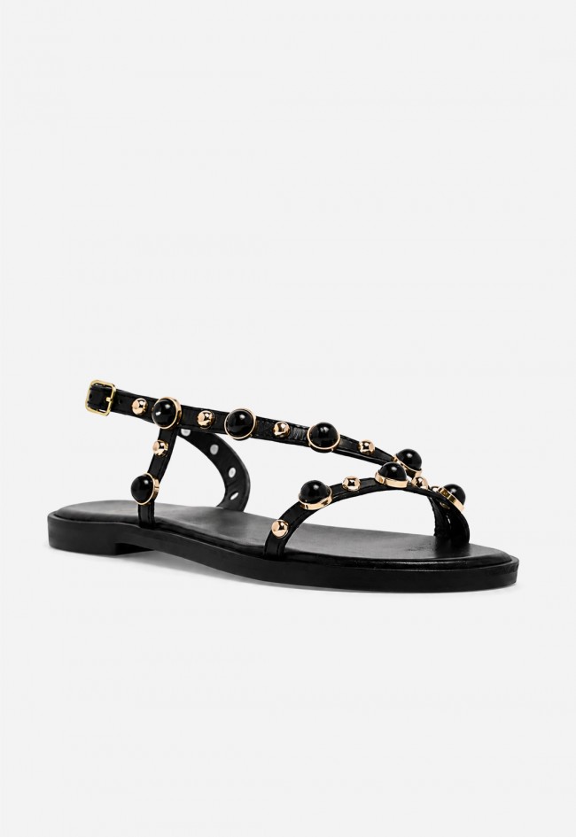 Sandalia plana VAS RSP-11654 negra en piel con detalles joya