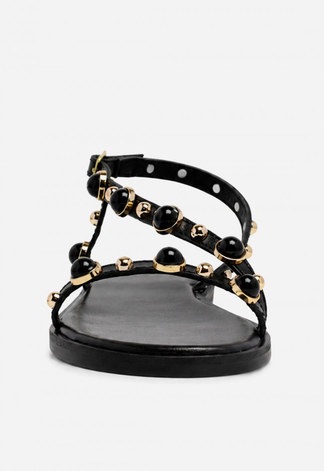 Sandalia plana VAS RSP-11654 negra en piel con detalles joya