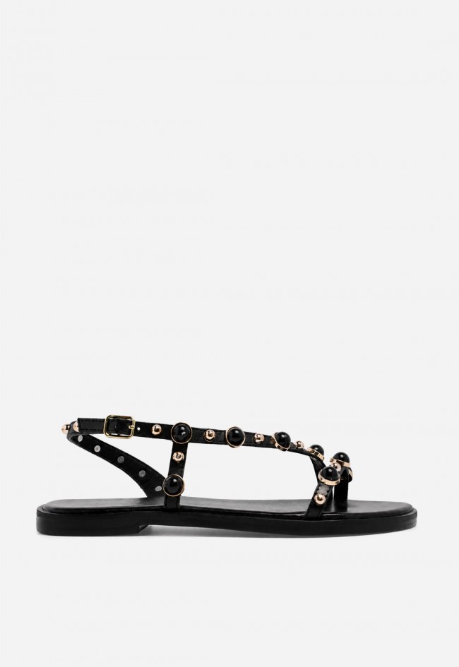 Sandalia plana VAS RSP-11654 negra en piel con detalles joya