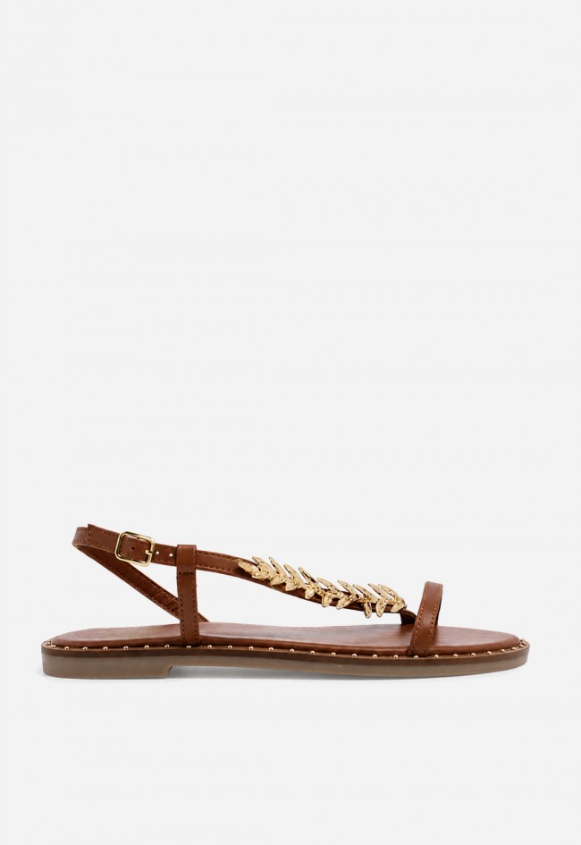 Sandalia plana VAS RSP-11955 cuero en piel con detalle joya dorado