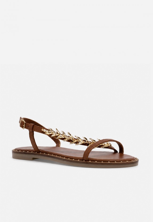 Sandalia plana VAS RSP-11955 cuero en piel con detalle joya dorado