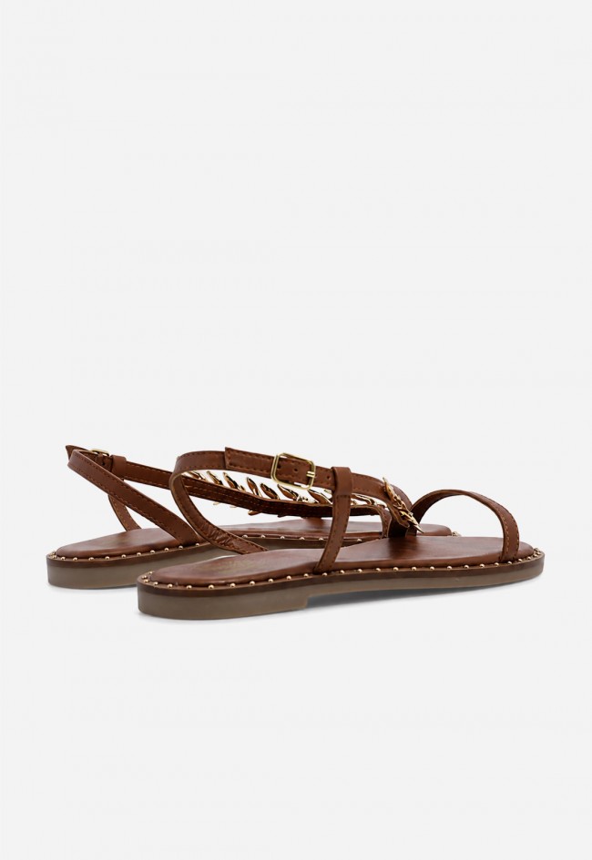 Sandalia plana VAS RSP-11955 cuero en piel con detalle joya dorado
