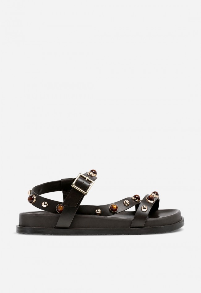 Sandalia plana VAS RPS-11369 marrón en piel con detalle joya y alma boho chic