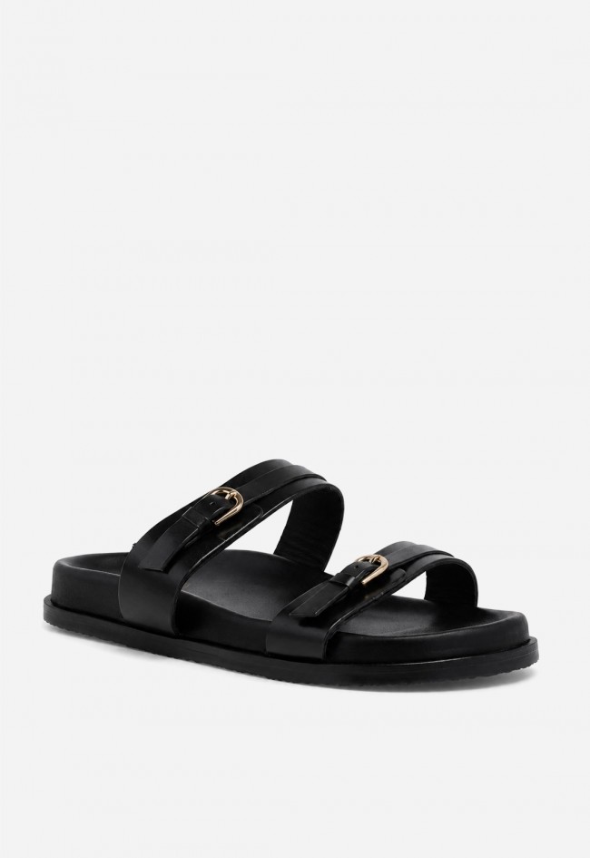 Sandalia plana VAS RPS-11274 negra en piel con hebillas doradas para un look effortless chic