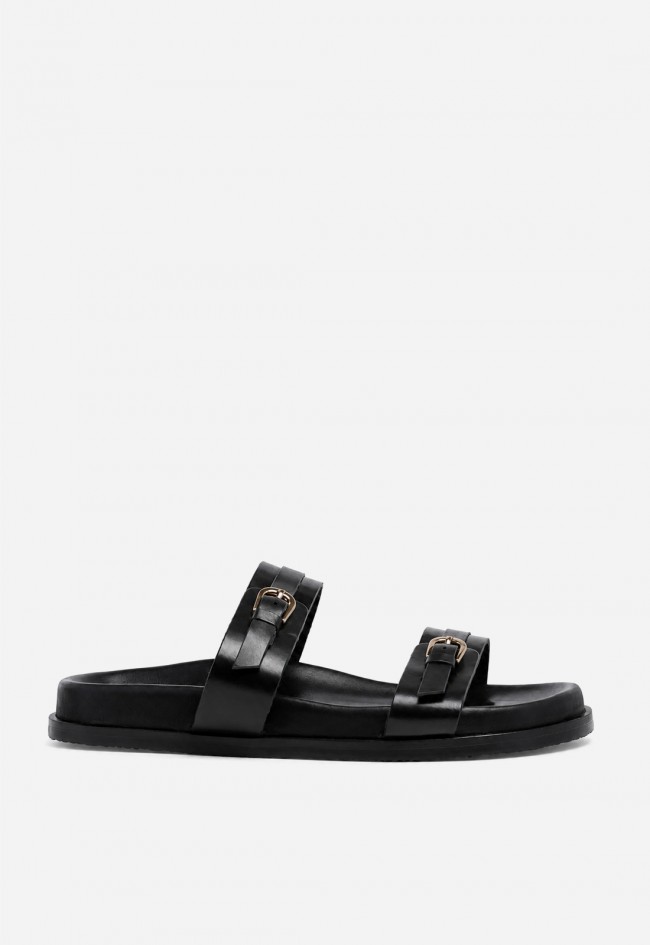 Sandalia plana VAS RPS-11274 negra en piel con hebillas doradas para un look effortless chic