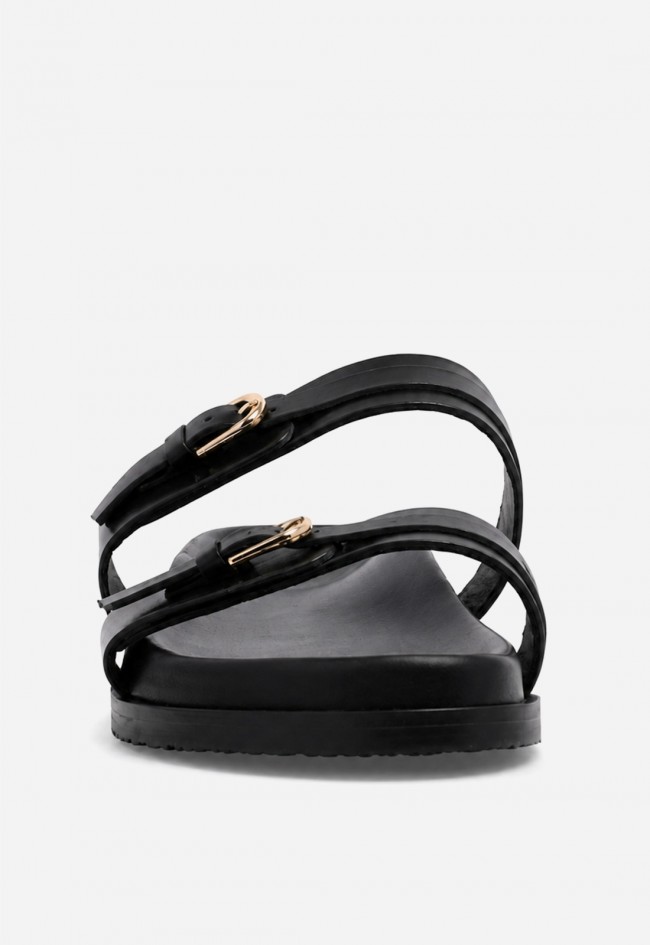 Sandalia plana VAS RPS-11274 negra en piel con hebillas doradas para un look effortless chic
