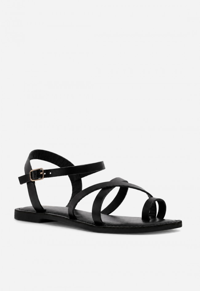 Sandalia plana VAS RSP-11954 negra en piel con tiras minimal chic para caminar con estilo