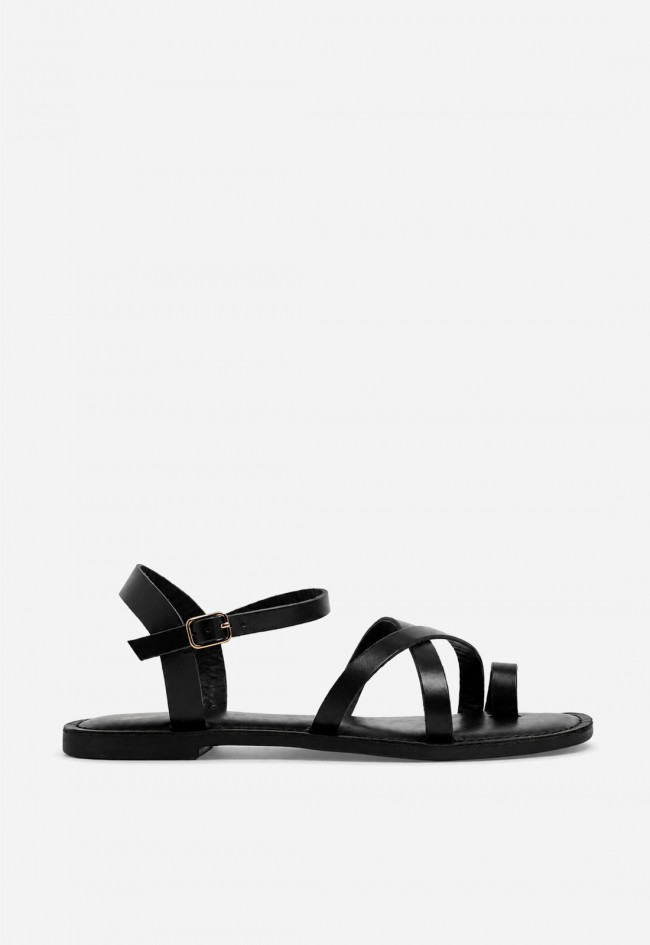 Sandalia plana VAS RSP-11954 negra en piel con tiras minimal chic para caminar con estilo