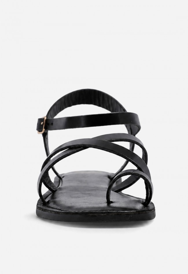 Sandalia plana VAS RSP-11954 negra en piel con tiras minimal chic para caminar con estilo