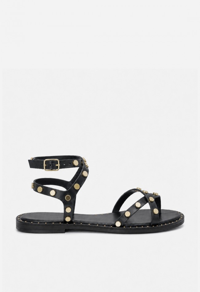 Sandalia plana de mujer VAS en piel negra con tachuelas, actitud chic para el verano
