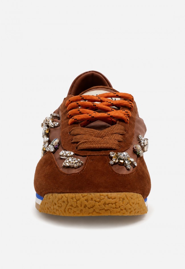 Zapatillas deportivas Movies EDX-05T de piel y textil marrón con joyas – brillo urbano para destacar