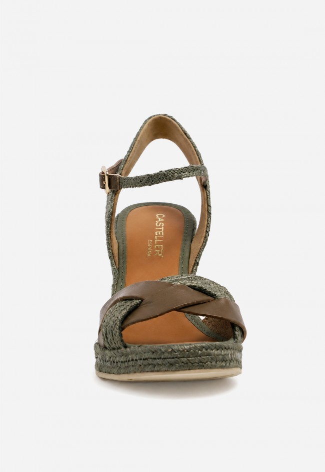Sandalias cuña de esparto Casteller 874 verde kaki y piel marrón – estilo mediterráneo con personalidad